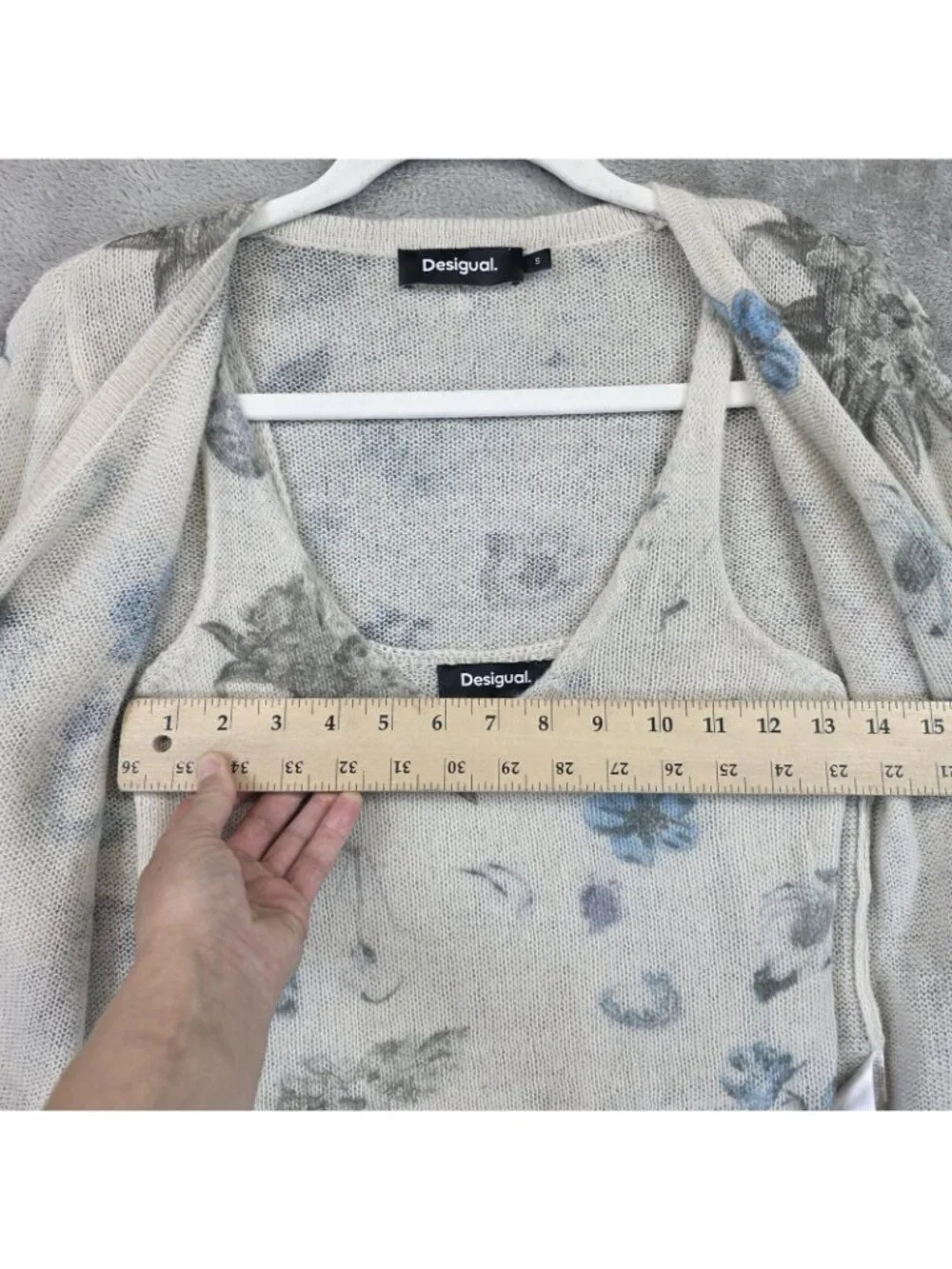 Desigual Cardigan Sweater Set Womens Small Cream Blue Floral Open Knit Sheer